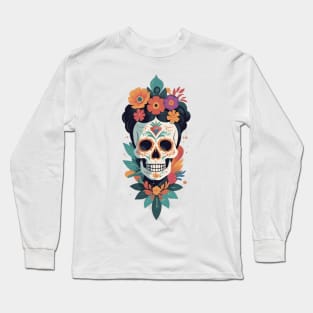 Frida's Floral Sugar Skull: Illustrated Tribute Long Sleeve T-Shirt